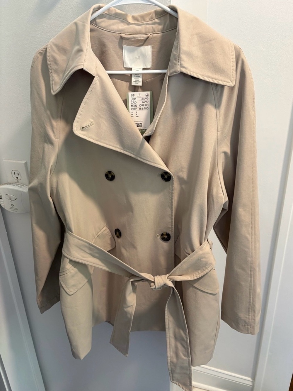 H&M Beige Double-Breasted Tie-Waist Trench Coat NWT - Picture 4 of 11